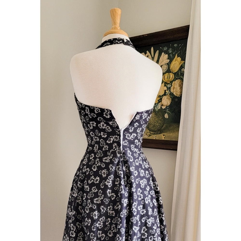 90s Black Floral Sweetheart Halter Open Back 1990 Vintage Fit & Flare Midi Dress - Picture 10 of 10